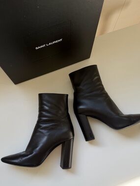 YSL Saint Laurent Black Leather Pointed Ankle Boots with Block Heel